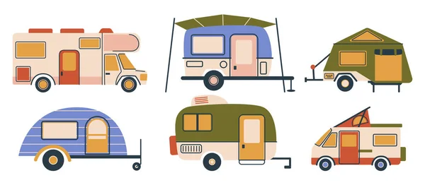 Camper Vans Set Vielseitige Reise Und Campingfahrzeuge Ausgestattet Mit Schlaf — Stockvektor