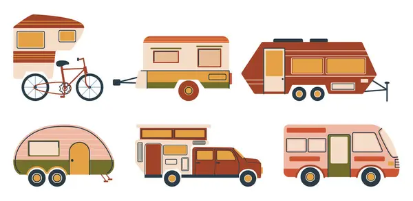 Ensemble Camping Car Fourgonnettes Véhicules Polyvalents Équipés Pour Voyage Les — Image vectorielle