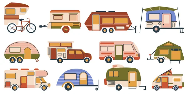 Ensemble Camping Cars Véhicules Compacts Pour Voyager Vivre Ils Combinent — Image vectorielle