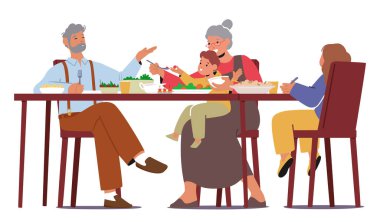 Büyükannelerle büyükbabalar ve çocuk karakterleri Şükran Günü 'nde bir şölen masasının etrafında toplanır, şükranlarını, kahkahalarını ve yemeklerini paylaşırlar. Nesiller Sevgi ve Minnettarlıkla Birleşti. Çizgi film İnsanları Vektör İllüstrasyonu