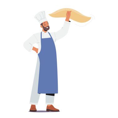 Becerikli Aşçı Karakteri, Pizza Hamuru 'nu ustalıkla kıvırarak büyüleyici bir mutfak sanatı manzarası yaratıyor, lezzetli, taze pişmiş pizza başyapıtı vaat ediyor. Çizgi film İnsanları Vektör İllüstrasyonu