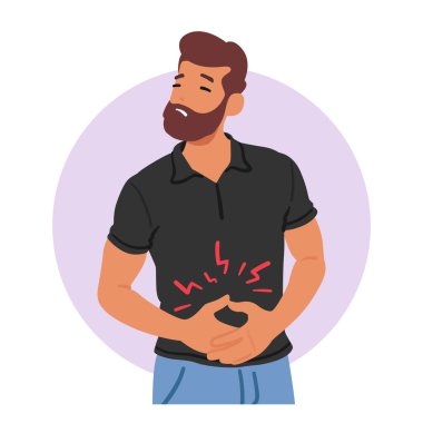 Erkek Karakteri Karın Rahatsızlığı, Gastrit Semptomu. Bir adam mide bölgesinde ağrı hisseder ve rahatsızlık hisseder, sindirim güçlüğü çeker. Çizgi film İnsanları Vektör İllüstrasyonu