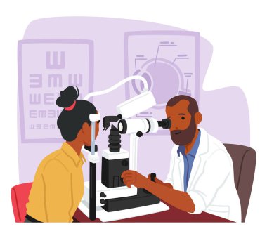 Oftalmolog Doktor Karakter Test Gözü Özel Cihaz. Göz Gözlüğü için Gözlükçü Optimetri. Tıbbi Optisyen Tedavi Hasta Öngörü Odaklanma Düzeltmesi. Çizgi film İnsanları Vektör İllüstrasyonu