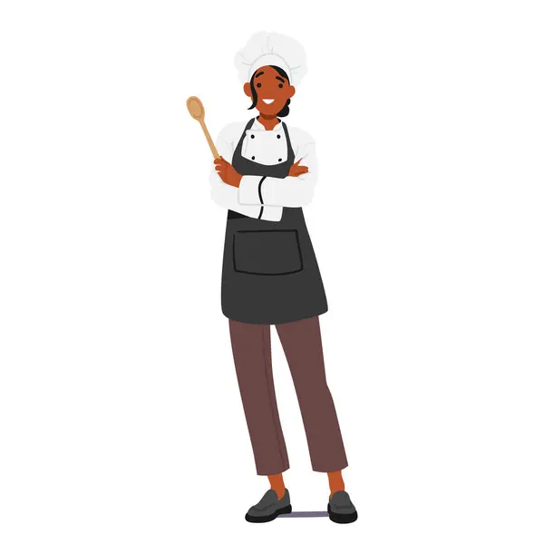 レストランシェフの女性キャラクターは トゥークとホールディングスプーンを着用しています 卓越した味とプレゼンテーションを作るために創造性を使用する熟練した料理専門家 ベクター イラスト — ストックベクタ