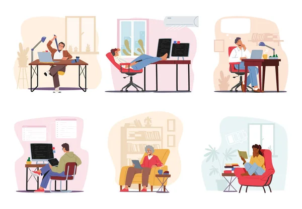 stock vector Characters Engrossed In Their Computers. Focused, Productive, And Interconnected In The Digital Realm, They Navigate The Virtual World. People Working at Home or Office. Cartoon Vector Illustration