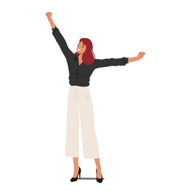 Kendine güvenen ve kararlı iş kadını karakteri yumruklarını zaferle kaldırır, dayanıklılığı, başarıyı ve iş dünyasındaki sarsılmaz kararlılığı simgeler. Çizgi film İnsanları Vektör İllüstrasyonu