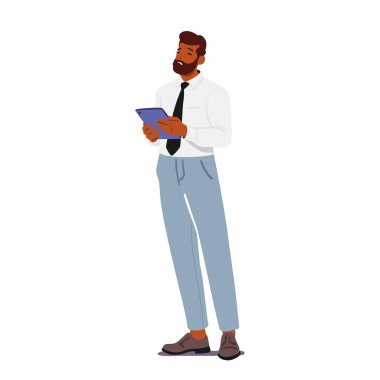 Siyah İşadamı elinde tabletle ayakta duruyor, kendine güvenen erkek karakter resmi takım elbise giyiyor. Tezgahtar, Koç, Müdür veya Patron Bekar Personel Beyaz Arkaplanda tecrit edildi. Çizgi film Vektör İllüstrasyonu