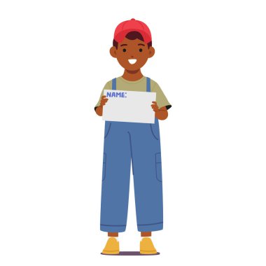 Genç Afrikalı çocuk gururla isim etiketini tutuyor, gözleri heyecanla dolu, yeni bir maceraya atılmaya hazır. İsim plakalı küçük siyah çocuk karakteri. Çizgi film İnsanları Vektör İllüstrasyonu