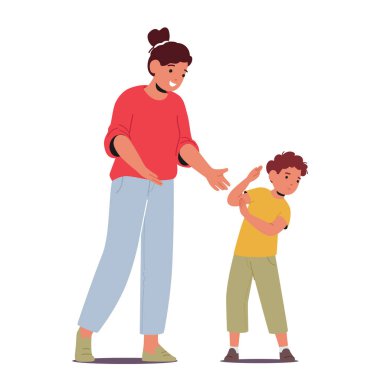 Anne karakteri, otistik oğluyla boş yere iletişim kurmaya çalışıyor. Otizm belirtileri gösteren çocuklar yakın temastan kaçının. Çocuğun duyusal hassasiyetine saygı duyması gerek. Çizgi film Vektör İllüstrasyonu