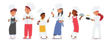 Genç ve hevesli aşçılar mutfak zevklerini, spatula ve önlükleri keşfettiler. Çocuk karakterler, neşeli yaratıcılıkla leziz harikalar yaratıp aşçılık büyüsünü kanıtlıyor. Çizgi film Vektör İllüstrasyonu