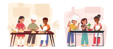 Genç aşçıların çocukları birlikte yemek pişiriyor, küçük erkek ve kız karakterler lezzetli yemekler pişiriyor ve eğlenceli ve lezzetli bir macerada aşçılık becerileri öğreniyor. Çizgi film İnsanları Vektör İllüstrasyonu