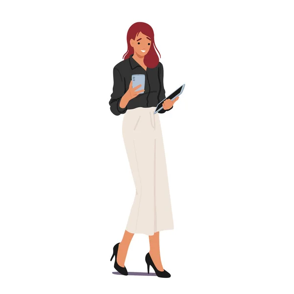 Modern Businesswoman Character Confidently Walks Her Tablet Smartphone Seamlessly Balancing — Stock Vector