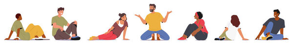 Group Of Male and Female Characters Gathered Informally, Seated On The Floor, Forming A Cozy And Relaxed Circle, Engaged In Conversation Or Various Activities. Cartoon People Vector Illustration