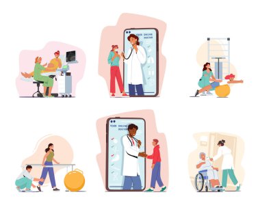 Şefkatli Doktor Karakterleri, bir hastayı dinler, profesyonelliği ve ilgiyi yayar, güven ve rahatlığı körükler. Online Tıp, Ultrason, Rehabilitasyon. Çizgi film İnsanları Vektör İllüstrasyonu