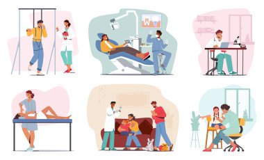 Doktor Karakterler hastalarla çalışır, güven ve bakım atmosferi oluşturur. Sıhhiyeciler yüz masajı, rehabilitasyon eğitimi, dişçi, pediatrist. Çizgi film İnsanları Vektör İllüstrasyonu