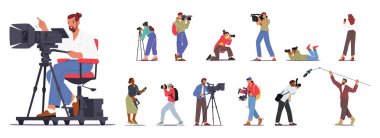 Karakterler grubu fotoğraf ve video kameralar tutuyor, coşkuyla anları yakalıyorlar. Fotoğrafçıların ve kameramanların dinamik bir karışımı Görsel İçerik Oluşturur. Çizgi film İnsanları Vektör İllüstrasyonu