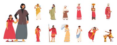 Tarihi Kostümler Giyen Kadın Karakterleri Ayarla. Hint Dansçı Kadınlar, Ortaçağ Köylüleri, Afrikalı, Viktorya Dönemi Kadını, Yerli Amerikalı, Çinli, Yunan ya da Romalı. Çizgi film İnsanları Vektör İllüstrasyonu