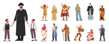 Erkek Karakterler Tarihi kostümler giyer. Yahudi, Mağara Adamı, Viking ve Afrikalı Savaşçı, Gladyatör, Ortaçağ Köylüsü, Hint Müzisyen ve Viktorya Dönemi Beyefendisi. Çizgi film İnsanları Vektör İllüstrasyonu