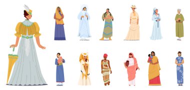 Tarihi Kostümler Giyen Kadın Karakterleri Ayarla. Viktorya bayanı gibi giyinmiş, Kızılderili, Hint, Koreli, Çinli ya da Afrika giysili, Ortaçağ elbisesi giyen kadınlar. Çizgi film İnsanları Vektör İllüstrasyonu
