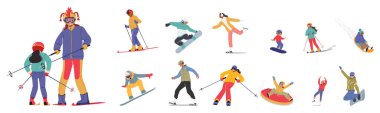 Karlı Harikalar Diyarı 'nda canlı kış sporları yapan karakterler. İnsanlar kayak yapıyor, snowboard yapıyor, kayıyor, buz pateni yapıyor, serin hava aktivitelerinin tadını çıkarıyor. Çizgi film Vektör İllüstrasyonu