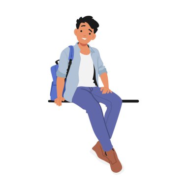 Schoolboy Character Is Seated On A Bench Or Parapet, Engrossed In His Thoughts, His Backpack Resting Beside Him As He Takes A Momentary Break From His Studies. Cartoon People Vector Illustration clipart