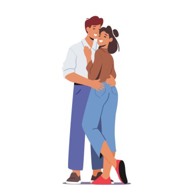 Çift karakterleri kucaklaşır, birbirlerine olan sevgilerini ve sevgilerini gösterir. Bu yakınlığın, rahatlığın, romantik ilişkinin ve duygusal bağlantının bir göstergesidir. Çizgi film İnsanları Vektör İllüstrasyonu