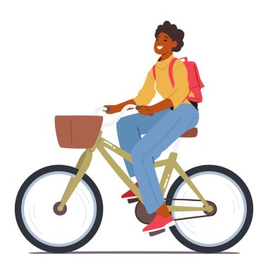Woman Rides A Bicycle, Female Character Enjoys The Benefits Of Outdoor Exercise, Improve Her Cardiovascular Fitness, And Experience The Freedom And Joy Of Cycling. Cartoon People Vector Illustration clipart