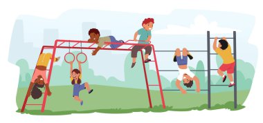 Çocuk karakterler neşeyle maymun barlarından sarkan, sallanırken, tırmanırken ve oyun parkını fethederken havayı dolduran kahkahaları. Çizgi film İnsanları Vektör İllüstrasyonu