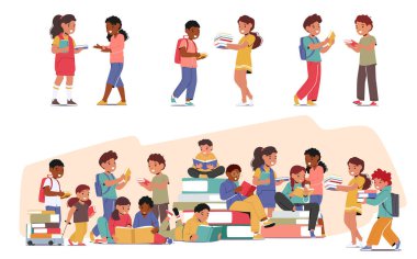 Çocuklar hevesle kitap değiştiriyor, hikayeler paylaşıyor, hayalleri ateşliyor. Genç zihinler arasında hoş bir macera ve hikaye alışverişi, okuma aşkı uyandıran bir aşk. Çizgi film İnsanları Vektör İllüstrasyonu