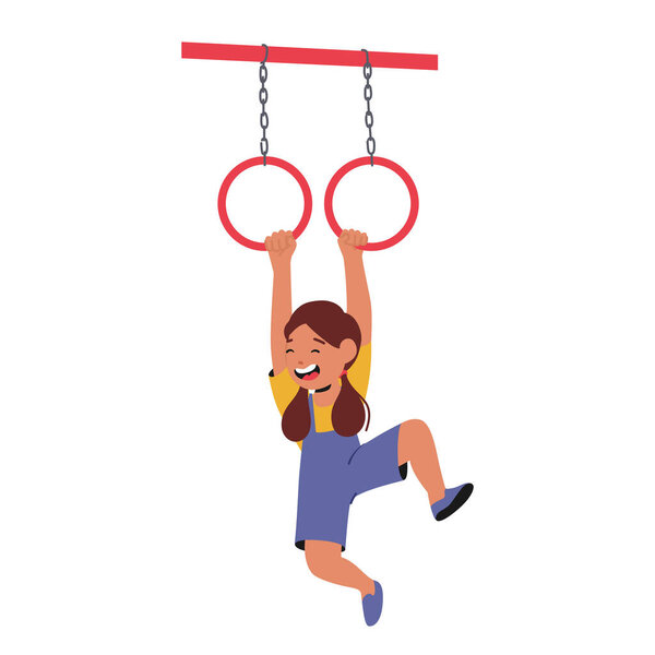 Child Girl Character Hangs From The Monkey Bars, her Determined Grip And Radiant Smile Showcasing Adventurous Spirit And Playful Determination On The Playground. Cartoon People Vector Illustration