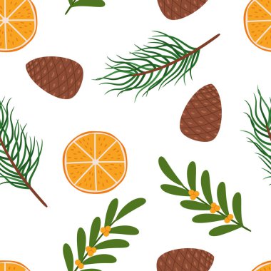 Noel bitkileriyle süslenmiş şenliksiz desen. Holly, ökseotu, dallı ve portakal dilimli çam kozalakları neşeli ve geleneksel tatil atmosferi yaratıyor. Çizgi film Vektör Döşeme Arkaplanı