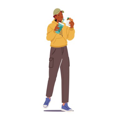 Genç adam, aceleci ve aç, Savors sokak yemeği yolda. Her ısırıkta Karakter, Şamata Şehrinin Tadı 'nı benimser. Gerçek bir Şehir Gastronomi Macerası. Çizgi film İnsanları Vektör İllüstrasyonu