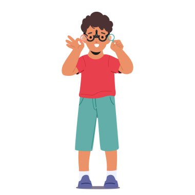 Neşeli genç bir çocuk, Phoropter 'la göz testi yaptırırken gülümseyerek ışıldıyor. Pozitif ifadeli küçük çocuk karakteri görüş muayenesini geçti. Çizgi film İnsanları Vektör İllüstrasyonu