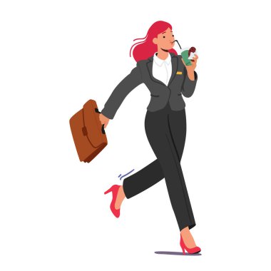 Busy Businesswoman, In A Sharp Suit, Swiftly Savors A Quick Meal On Her Commute. Female Character Balancing Productivity And Nourishment In Her Fast-paced World. Cartoon People Vector Illustration clipart