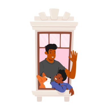 Yürek ısıtan sahne, baba ve oğul karakteri yüzleri neşeyle dolu, köpekleriyle pencereden dışarı bakıyorlar, saf bir bağ ve mutluluk anlarını paylaşıyorlar. Çizgi film İnsanları Vektör İllüstrasyonu