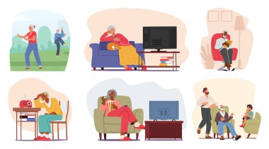 Park 'ta Kıdemli Karakterler seti, Evde Film İzleme, Gadget Kullanma, Radyo Dinleme, Aileyle Buluşma. Yaşlı büyükanneler ve büyükbabalar yaşam tarzı ve aktiviteleri. Çizgi film İnsanları Vektör İllüstrasyonu