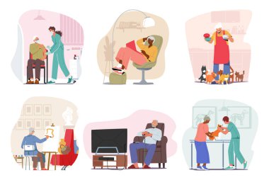 Eski Karakterler, Hobiler ve Günlük Faaliyetler. Yaşlılar Aşıyı Hastanede Uygular, Okuma, Boyama, Film İzleme ve Besleme Kedileri İzleme, Veteriner Kliniği. Çizgi film Vektör İllüstrasyonu