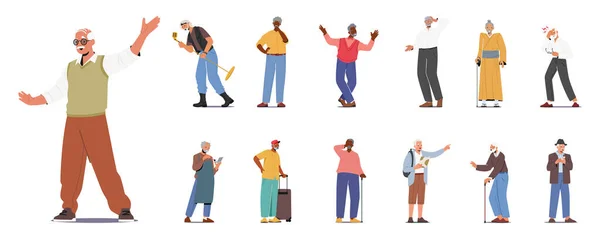 stock vector Set of Elderly Male Characters Rock Musician with Microphone, Old Man Thinking, Dancing, Travel with Luggage and Map, Feel Pain, Use Gadgets and Walking Cane. Cartoon People Vector Illustration