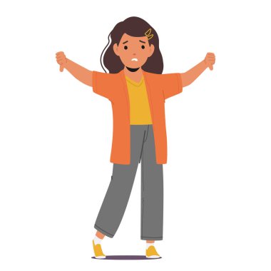 Baş parmağıyla hayal kırıklığına uğramış, onaylamadığını ifade eden küçük bir kız. Çocuk karakteri basit bir hareketle bir anlık üzüntü ya da tatminsizliği gözler önüne seriyor. Çizgi film İnsanları Vektör İllüstrasyonu