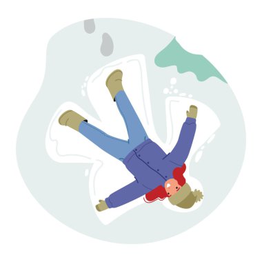 Küçük kız neşeyle taze kar, kollar ve bacaklar açık bir şekilde kar meleklerinin kışın Harikalar Diyarı 'nda yankılanan bulaşıcı kahkahalarını yarattı. Çizgi film Vektör İllüstrasyonu