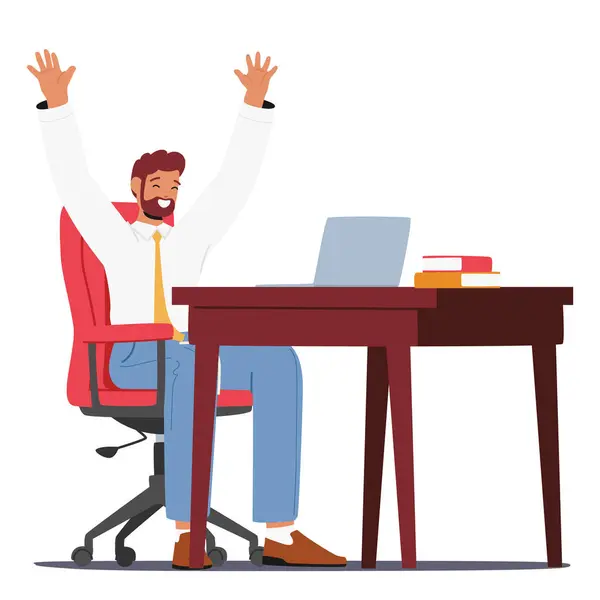 stock vector Ecstatic Businessman Character Celebrates Success Sitting at Desk Near Laptop, Symbolizing Achievement, Innovation, And Prosperity In The Corporate World. Cartoon People Vector Illustration