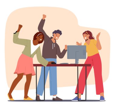 İş Ekibi Karakterleri Bilgisayarın Yakınındaki Başarıyı Kutluyor. Gülümsemeler, beşlik çakmalar, ve bir işi başarıyla tamamlarken odayı dolduran ortak bir başarı hissi. Çizgi film İnsanları Vektör İllüstrasyonu