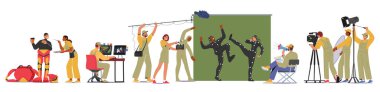 Film Yapım Süreci 'ndeki insanlar büyüleyici bir sinema deneyimi yaratmak için oyuncu seçme, film çekme ve kurgulamayı da içeriyor. Hikayeleri canlandıran müşterek bir çaba. Çizgi film Vektör İllüstrasyonu