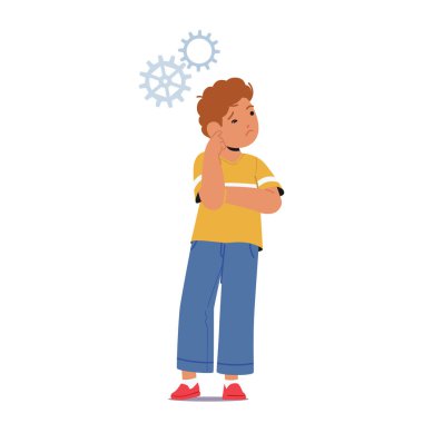 Kafası karışmış çocuk karakteri, kaşları çatılmış, bir eli yanağında, düşüncelere dalmış, belirsizlik denizinde cevapları ararken şaşırmış gözlerini yansıtmış. Çizgi film İnsanları Vektör İllüstrasyonu