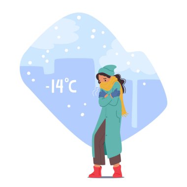Shivering In Her Coat, Little Girl Clutched Her Arms, Feeling The Biting Cold Pierce Through. Freezing Child Character Walking at City Street Bundled Up in Clothes. Cartoon People Vector Illustration clipart