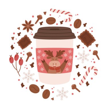 Neşeli bir ren geyiğiyle süslenmiş, her yudumla bayram tezahüratı serpiştirilmiş Noel Kahvesi. Ren Geyiği ve Aroma Baharatlı Kupa, Isınmak İçin Mükemmel, Kış Anları. Çizgi film Vektör İllüstrasyonu