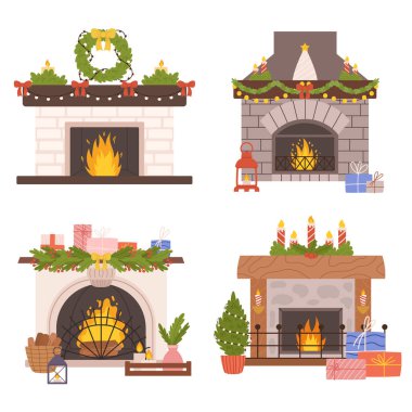 Noel şömineleri ladin çelenkleriyle süslenir, ışıldayan ışıklar ve bayram fiyonklarıyla sıcacık bir parıltı saçar. Bayram Tezahüratı ve Mevsimsel Kutlamaların Kalbi 'nin sembolü. Çizgi film Vektör İllüstrasyonu