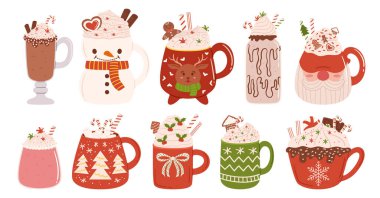 Kış İçkileri 'ni hazırla. Sıcak İçecek ve Kış Tatilleri İçin Dekorasyon Bardakları. Marshmallow 'lu kupa kakao kremalı kahve, çikolatalı ve tarçınlı. Çizgi film Vektör İllüstrasyonu