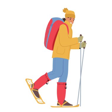 Kış Gear 'ına Sarılmış Kadın Yürüyüşçü, Kar Ayakkabısı Giyiyor, Dul Trek Polonyalıları Giyiyor ve yüklü bir sırt çantası taşıyor. Karla kaplı vahşi doğayı keşfetmeye hazır kadın karakter. Çizgi film Vektör İllüstrasyonu