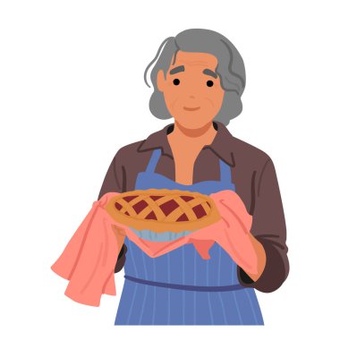 Yaşlı gri saçlı bir kadın, sevgi dolu bir büyükanne, elinde taze pişmiş bir pasta tutarken sıcak bir şekilde gülümsüyor, gelenek ve ailenin sıcaklığını yayıyor. Çizgi film Vektör İllüstrasyonu